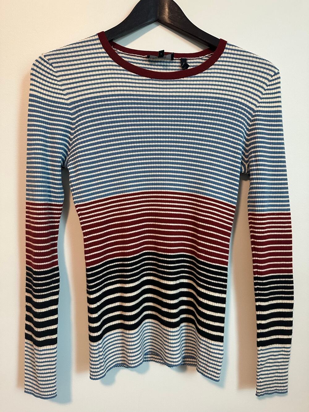 Theory Womens L Merino Wool Top Retro 70s Mod Stripe Ribbed Long Sleeve Slim fit